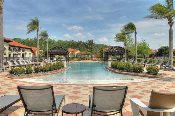 a view of a swimming pool with a patio