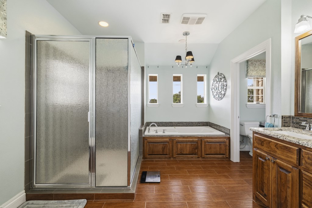 360 Bluff Creek Road North Center Point, TX 78010 - Photo 16 of 64 a bathroom with a tub a sink and a mirror