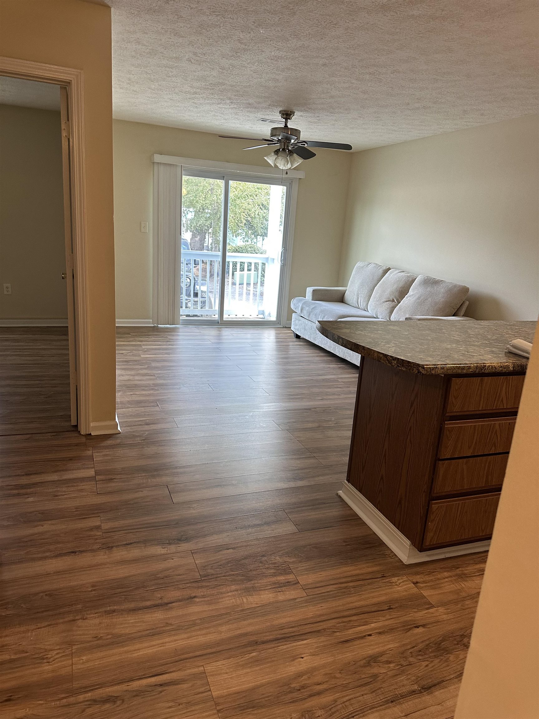 420 Pine Avenue Murrells Inlet, SC 29576 - Photo 10 of 21 Living area featuring a textured ceiling, dark wood finished floors, and a ceiling fan
