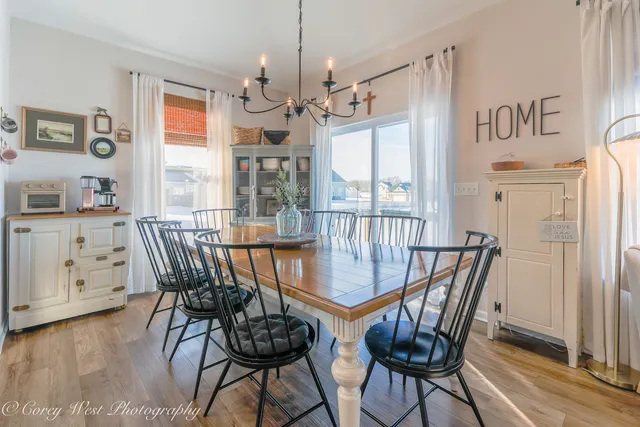 a view of a dining room with furniture window and outside view