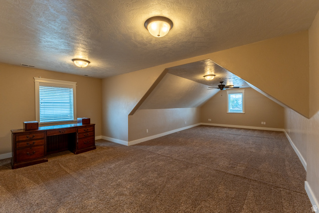 3565 West 1350th Street North Vernal, UT 84078 - Photo 34 of 54 Spacious bonus room featuring sloped ceilings, textured carpet flooring, and multiple windows with white blinds