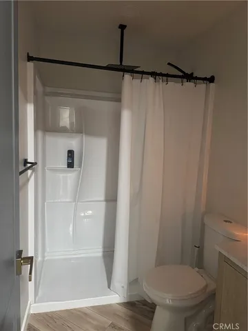 a bathroom with a shower and a toilet