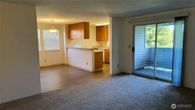a view of an empty room with a fireplace