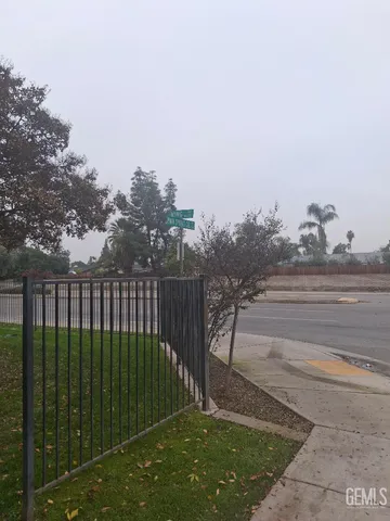 a backyard of a house with plants and large tree
