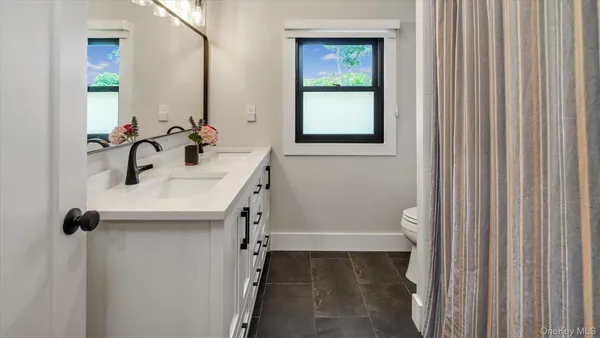 a bathroom with a sink a toilet and a mirror