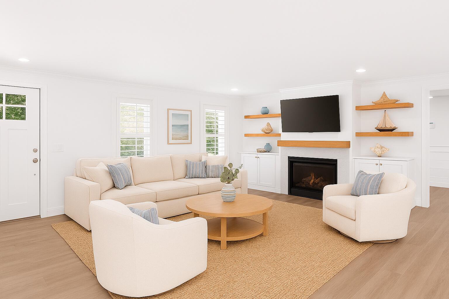 128 Uncle Percy's Road Mashpee, MA 02649 - Photo 7 of 45 a living room with furniture a fireplace and a flat screen tv