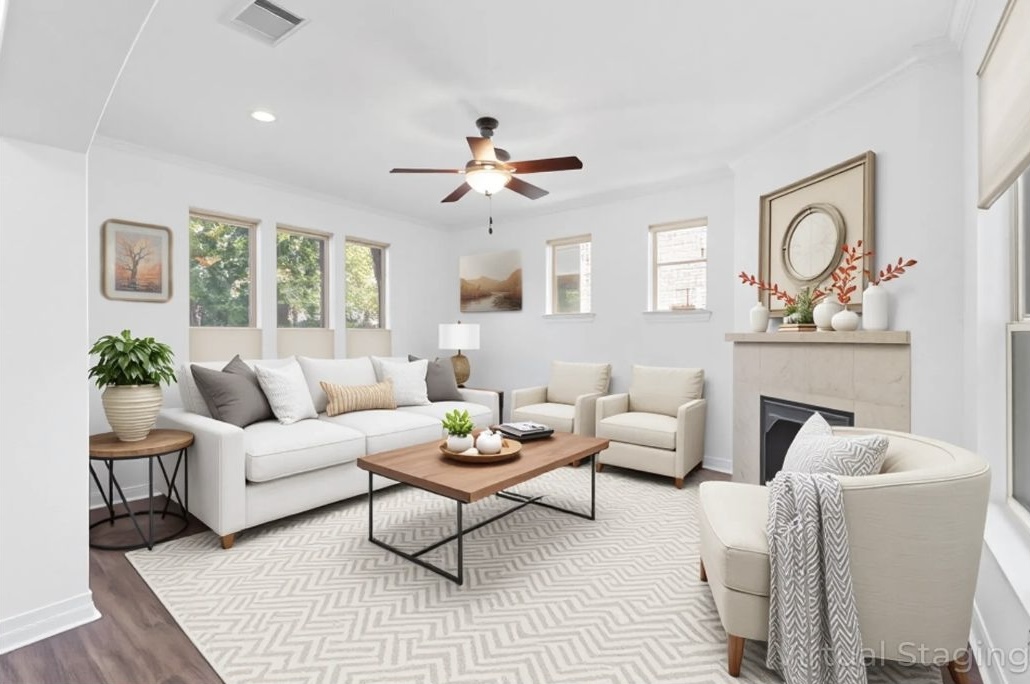 4129 Lawless Street Austin, TX 78723 - Photo 2 of 38 a living room with furniture a fireplace and a chandelier