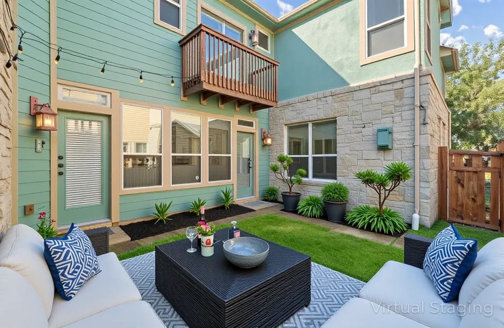 4129 Lawless Street Austin, TX 78723 - Photo 5 of 38 a view of a patio with couches table and chairs potted plants and palm tree