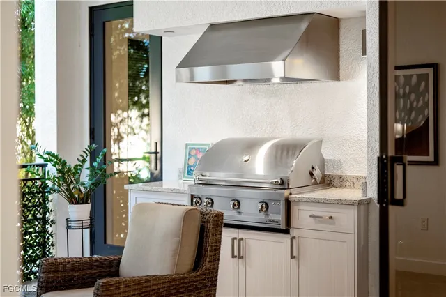 a kitchen with a stove and a potted plant