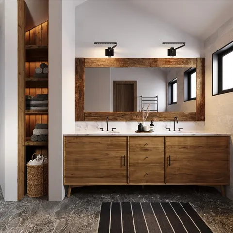 a bathroom with a double vanity sink and a mirror