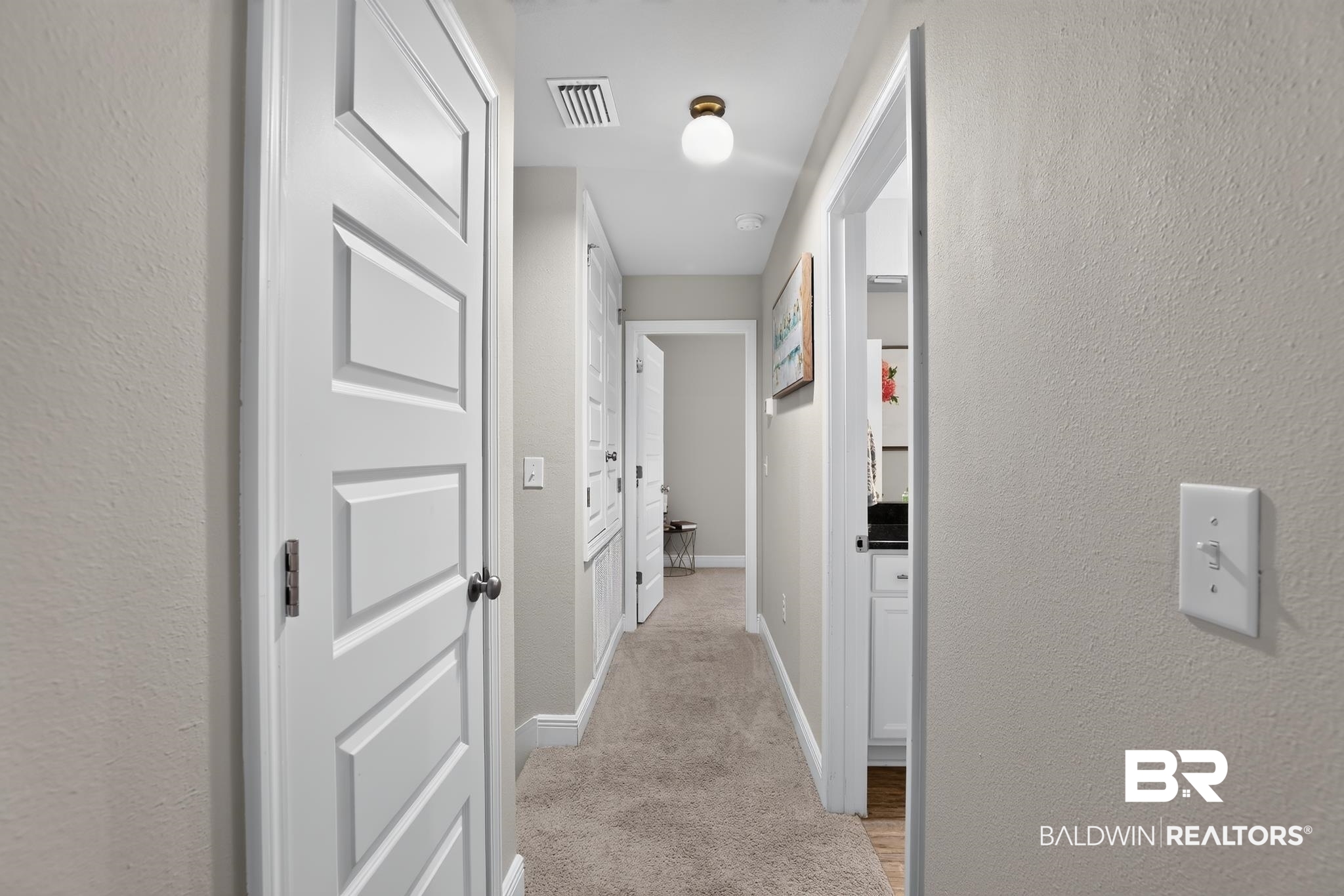 1210 Primrose Lane Foley, AL 36535 - Photo 17 of 33 Hallway featuring light-toned wall paint, carpet flooring, and white panel doors