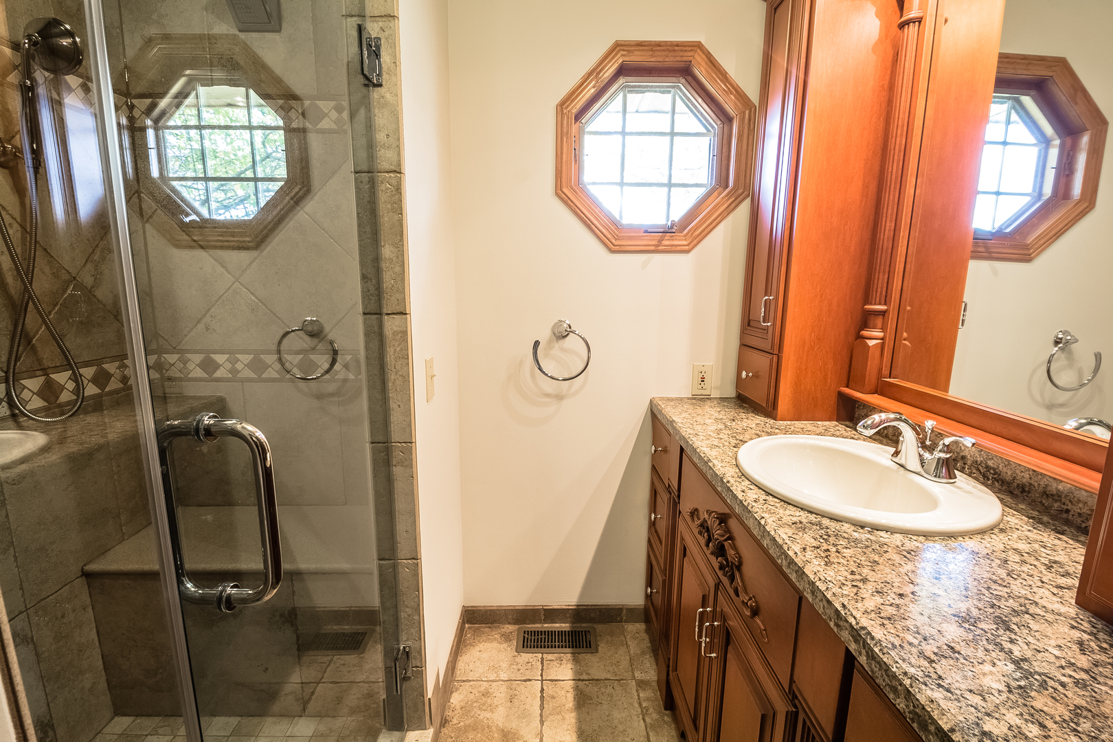 18802 West Manhattan Road Elwood, IL 60421 - Photo 18 of 38 a bathroom with a granite countertop sink a mirror and a shower