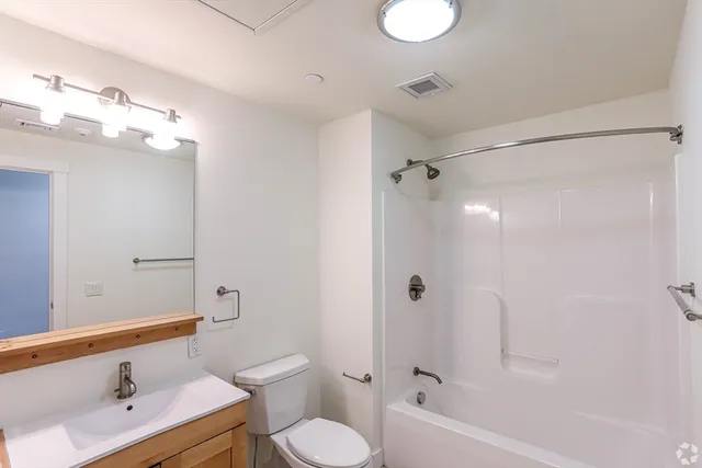 a bathroom with a bathtub shower sink vanity and toilet