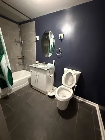 a bathroom with a toilet a sink and mirror