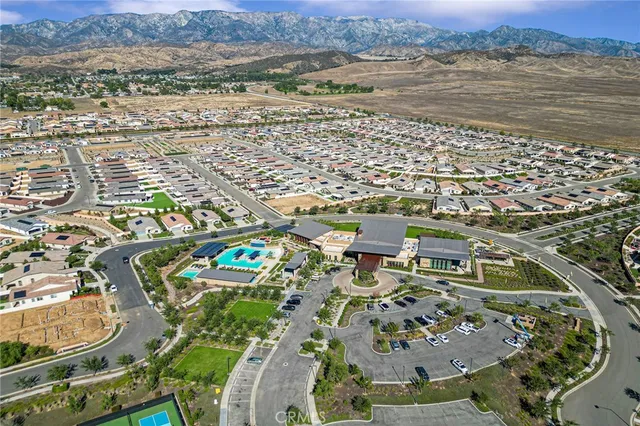 an aerial view of a swimming pool