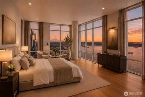 a bedroom with a large bed and a large window