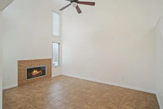 a room with a fireplace