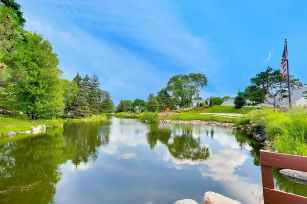 a view of a swimming pool with a garden
