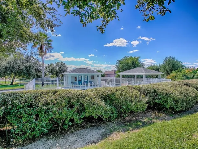 a view of a big yard with potted plants and large trees