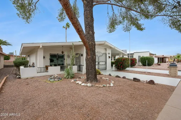 a view of a house with backyard and a tree