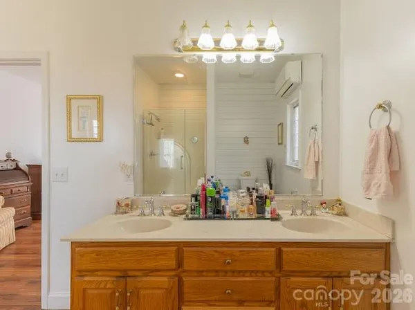 a bathroom with a sink and a shower