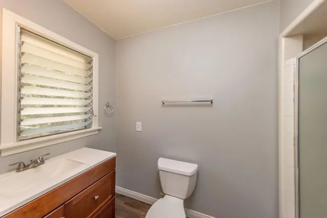 a bathroom with a sink a toilet and mirror