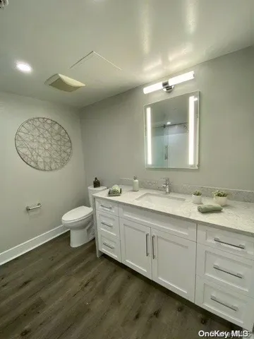 a bathroom with a double vanity sink a toilet and a mirror