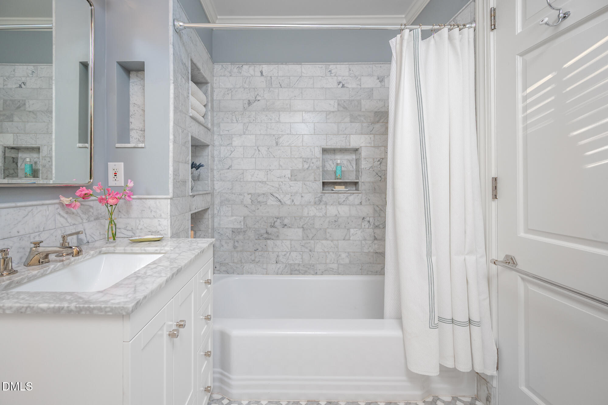 64 Beverly Drive Durham, NC 27707 - Photo 33 of 71 a bathroom with a granite countertop bathtub shower sink and vanity