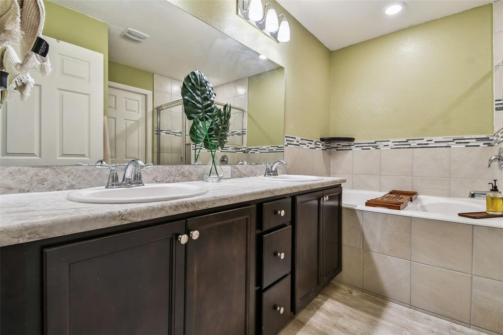 105 Blue Alice Spring Court Ruskin, FL 33570 - Photo 24 of 49 a bathroom with a granite countertop sink a large mirror and a