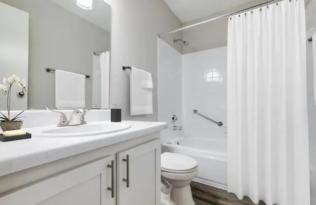 a bathroom with a granite countertop sink mirror vanity and toilet