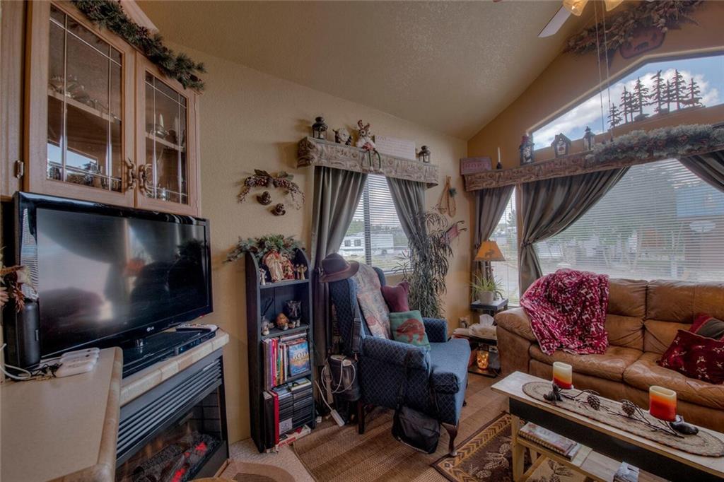 92 Sunshine Loop Fairplay, CO 80440 - Photo 12 of 35 a living room with furniture a flat screen tv and a fireplace