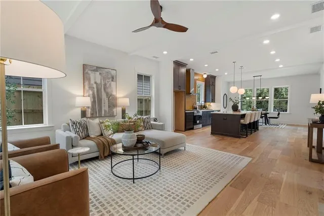 a view of a dining room with furniture