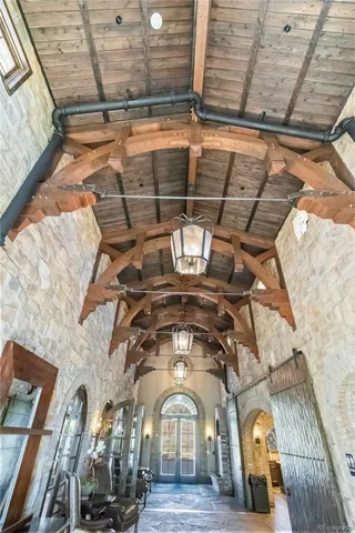 a view of an entryway with a chandelier