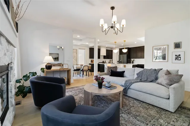 a living room with furniture chandelier and a fireplace