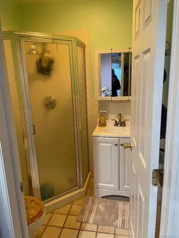 a bathroom with a shower and a sink