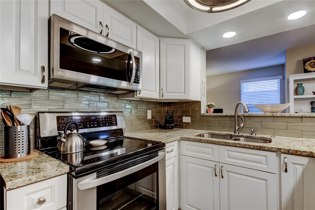 1407 Lennox Road East, Unit 1407 Palm Harbor, FL 34683 - Photo 15 of 48 a kitchen with stainless steel appliances granite countertop a stove and a microwave