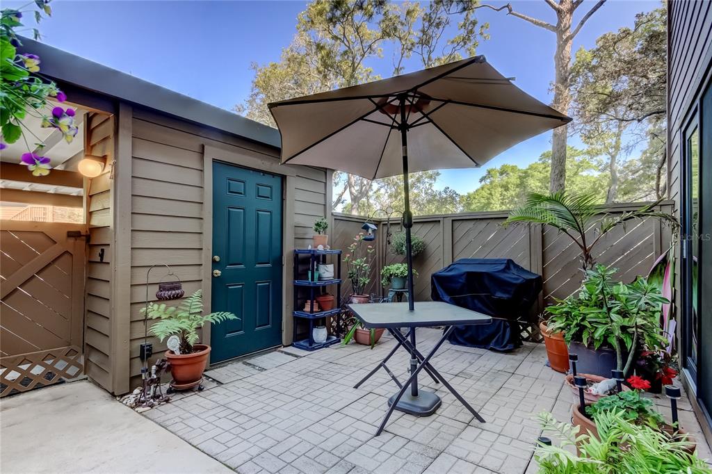 1407 Lennox Road East, Unit 1407 Palm Harbor, FL 34683 - Photo 38 of 48 a view of a chairs and table under an umbrella in the patio