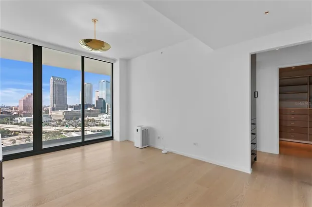 a city view with tall buildings