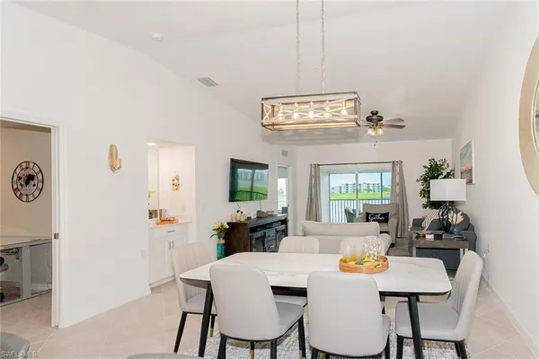 a view of a dining room with furniture