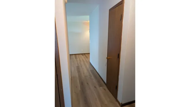 a view of a hallway with wooden floor