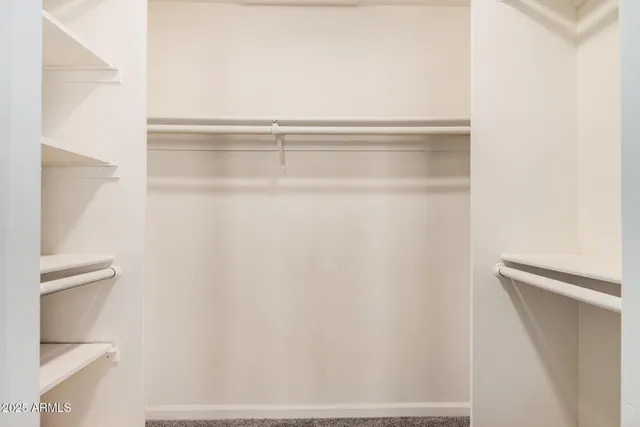 a view of walk in closet with empty racks