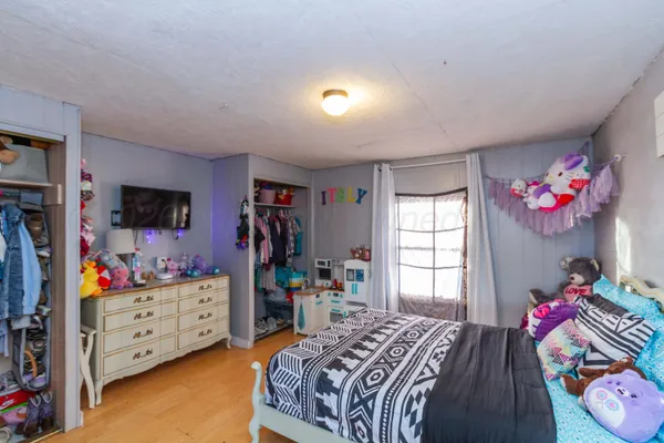 a bedroom with bed and a tv