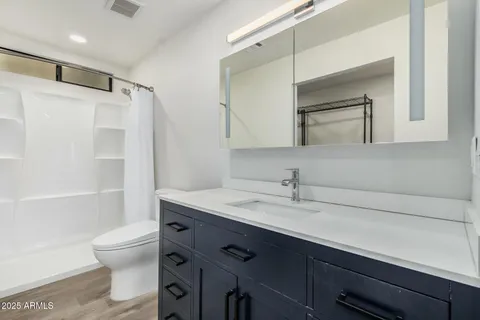 a bathroom with a sink a toilet and shower