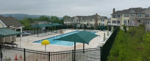 a swimming pool with lots of tress in front of it