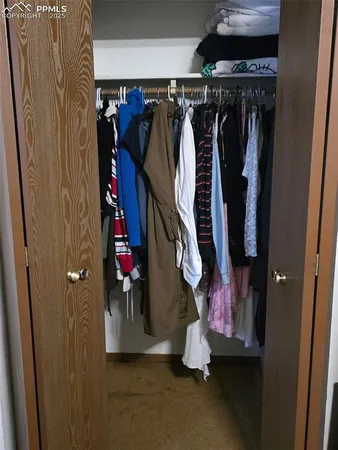 a view of walk in closet with clothes