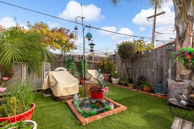 a view of a backyard with plants and chairs