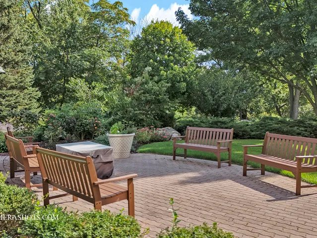 a garden view with a bench