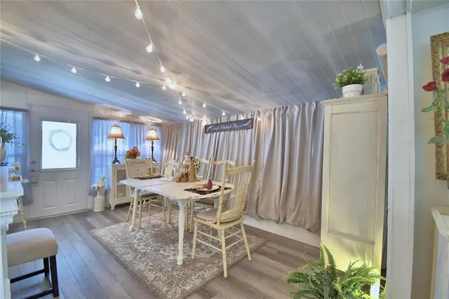 a view of a dining room with furniture