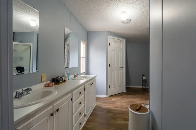 a bathroom with a sink and a mirror