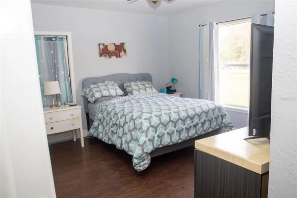 a bedroom with a bed and a flat tv screen on dresser